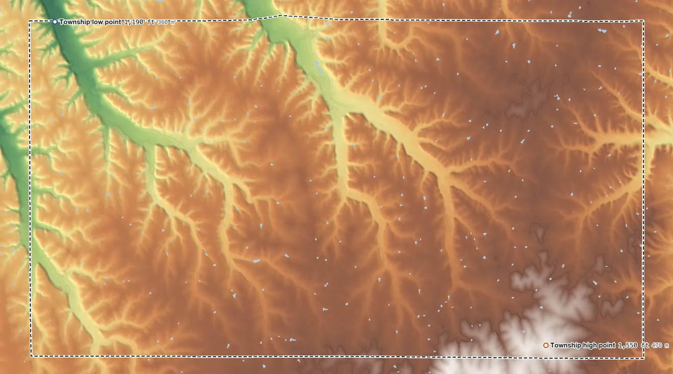 Topographic elevation map of Liberty Township, Geary County, Kansas, shaded from 1,190 ft on the northwest side to 1,550 ft on the east side