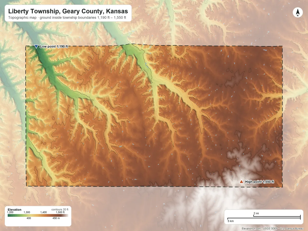 Topographic elevation map of Liberty Township, Geary County, Kansas, shaded from 1,190 ft on the northwest side to 1,550 ft on the east side