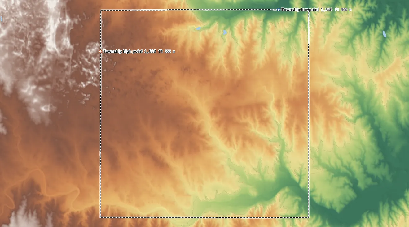 Topographic elevation map of Liberty Township, Kingman County, Kansas, shaded from 1,640 ft on the northeast side to 1,830 ft on the northwest side