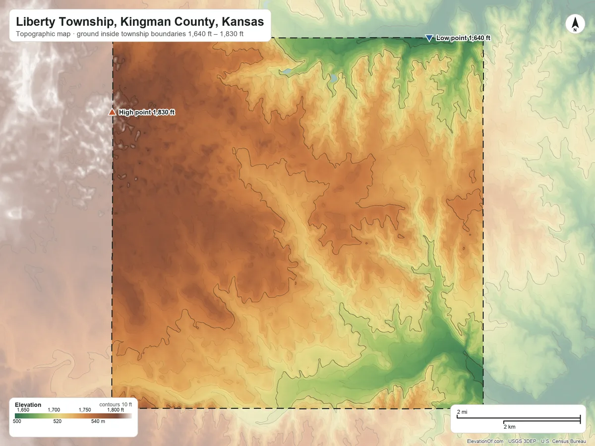 Topographic elevation map of Liberty Township, Kingman County, Kansas, shaded from 1,640 ft on the northeast side to 1,830 ft on the northwest side