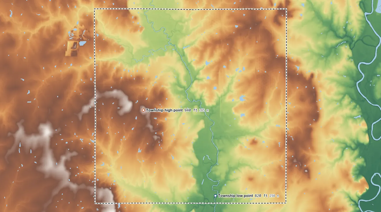 Topographic elevation map of Liberty Township, Labette County, Kansas, shaded from 820 ft on the southeast side to 940 ft on the northwest side