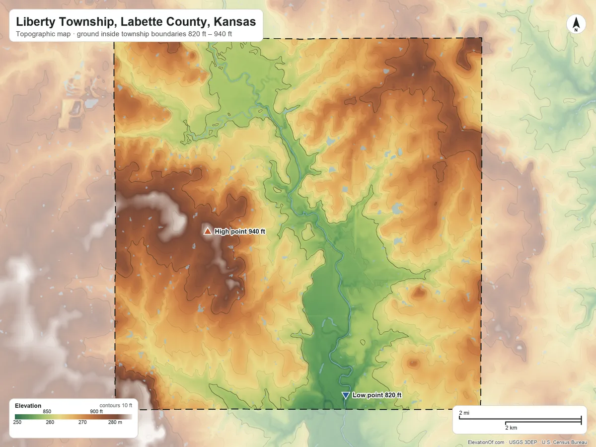 Topographic elevation map of Liberty Township, Labette County, Kansas, shaded from 820 ft on the southeast side to 940 ft on the northwest side