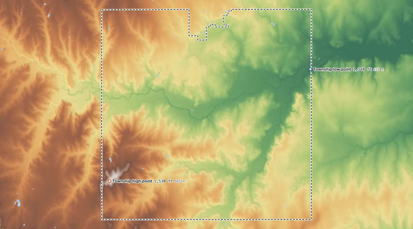 Topographic elevation map of Liberty Township, Marion County, Kansas, shaded from 1,340 ft on the east side to 1,530 ft on the southwest side