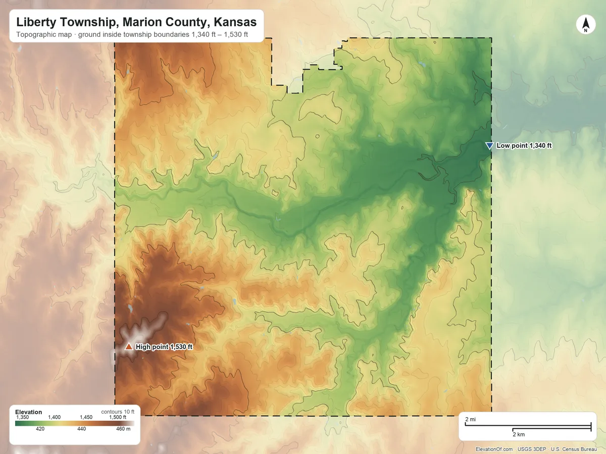 Topographic elevation map of Liberty Township, Marion County, Kansas, shaded from 1,340 ft on the east side to 1,530 ft on the southwest side
