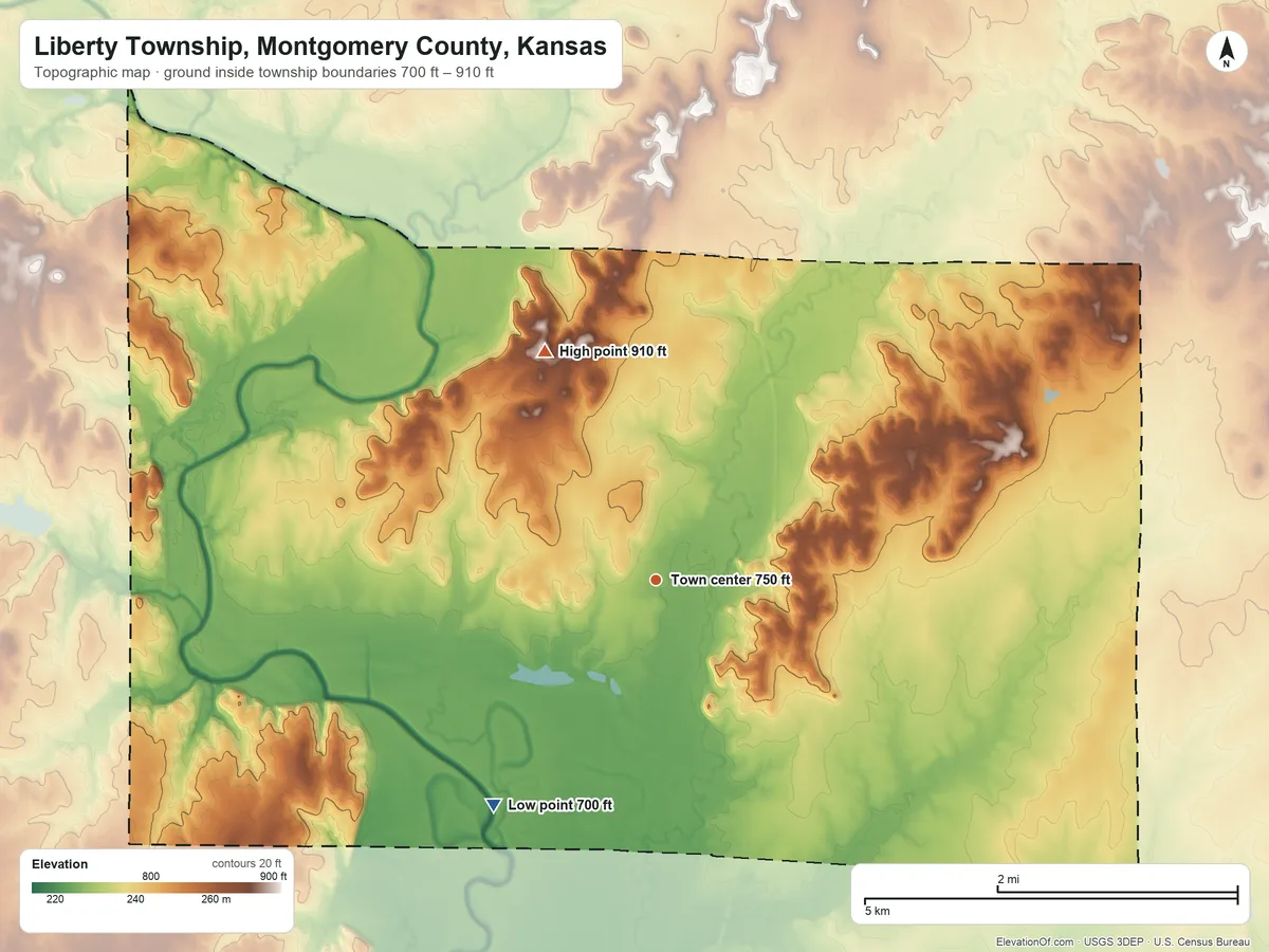 Topographic elevation map of Liberty Township, Montgomery County, Kansas, shaded from 700 ft on the southwest side to 910 ft on the northwest side