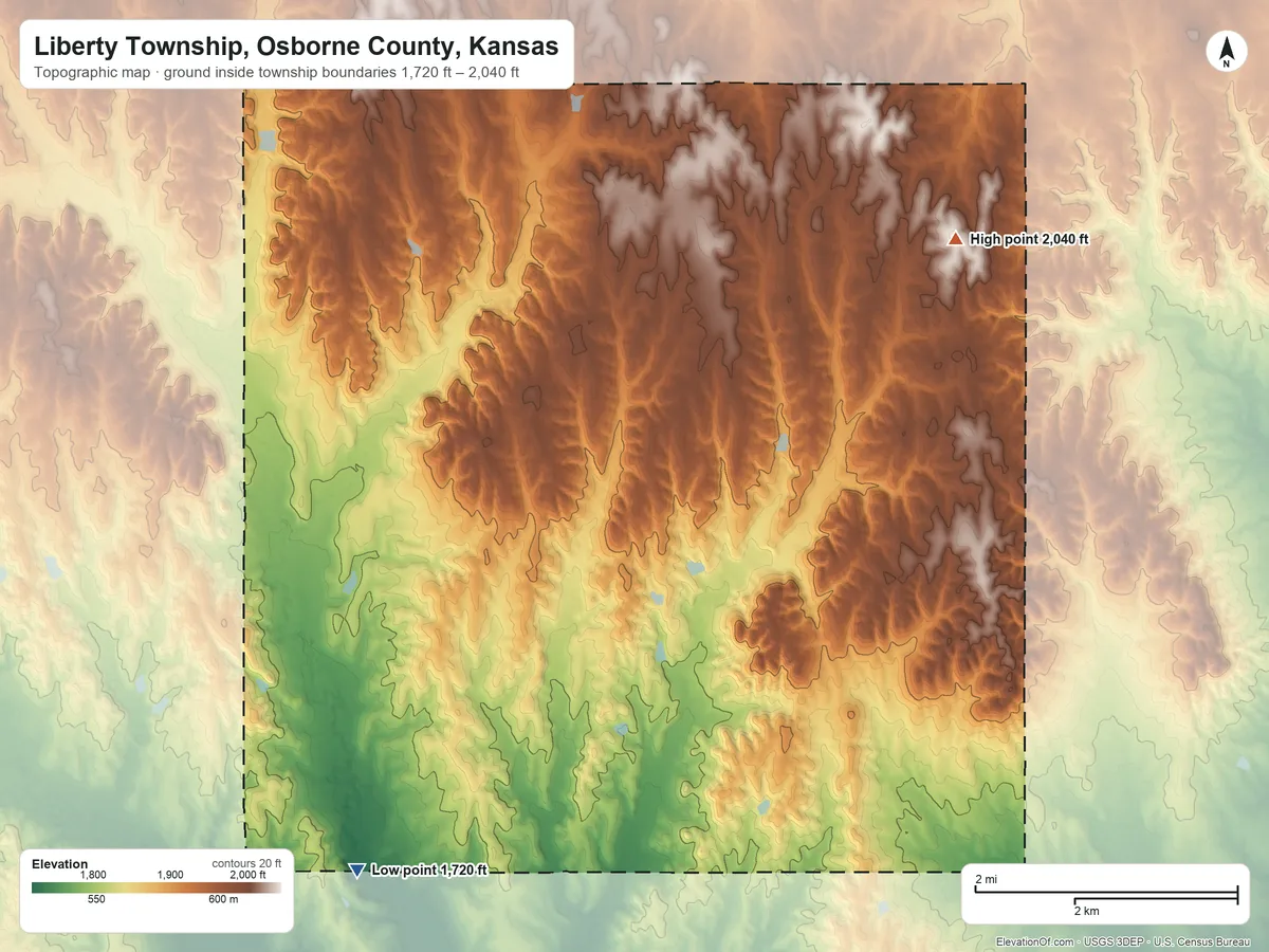 Topographic elevation map of Liberty Township, Osborne County, Kansas, shaded from 1,720 ft on the southwest side to 2,040 ft on the northeast side