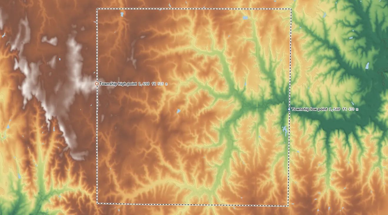 Topographic elevation map of Liberty Township, Republic County, Kansas, shaded from 1,540 ft on the east side to 1,690 ft on the west side