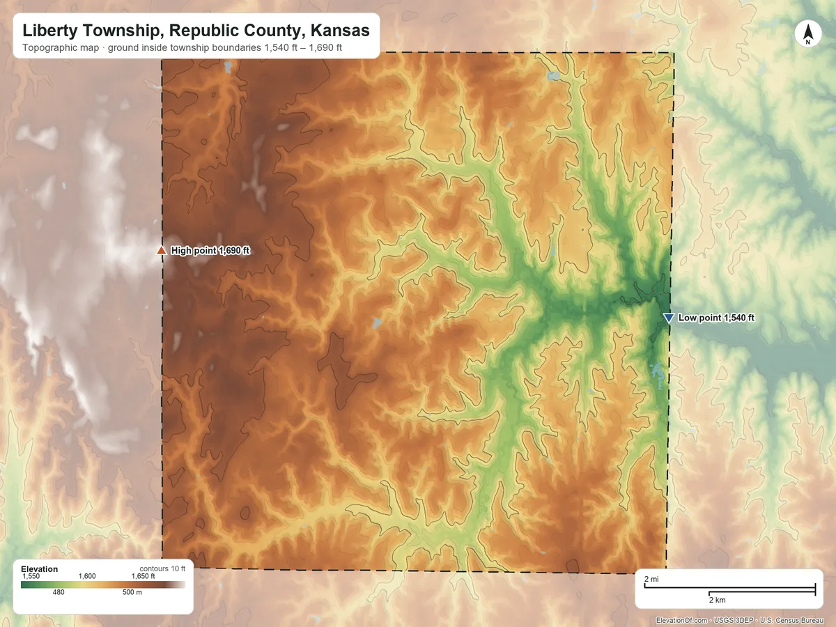 Topographic elevation map of Liberty Township, Republic County, Kansas, shaded from 1,540 ft on the east side to 1,690 ft on the west side