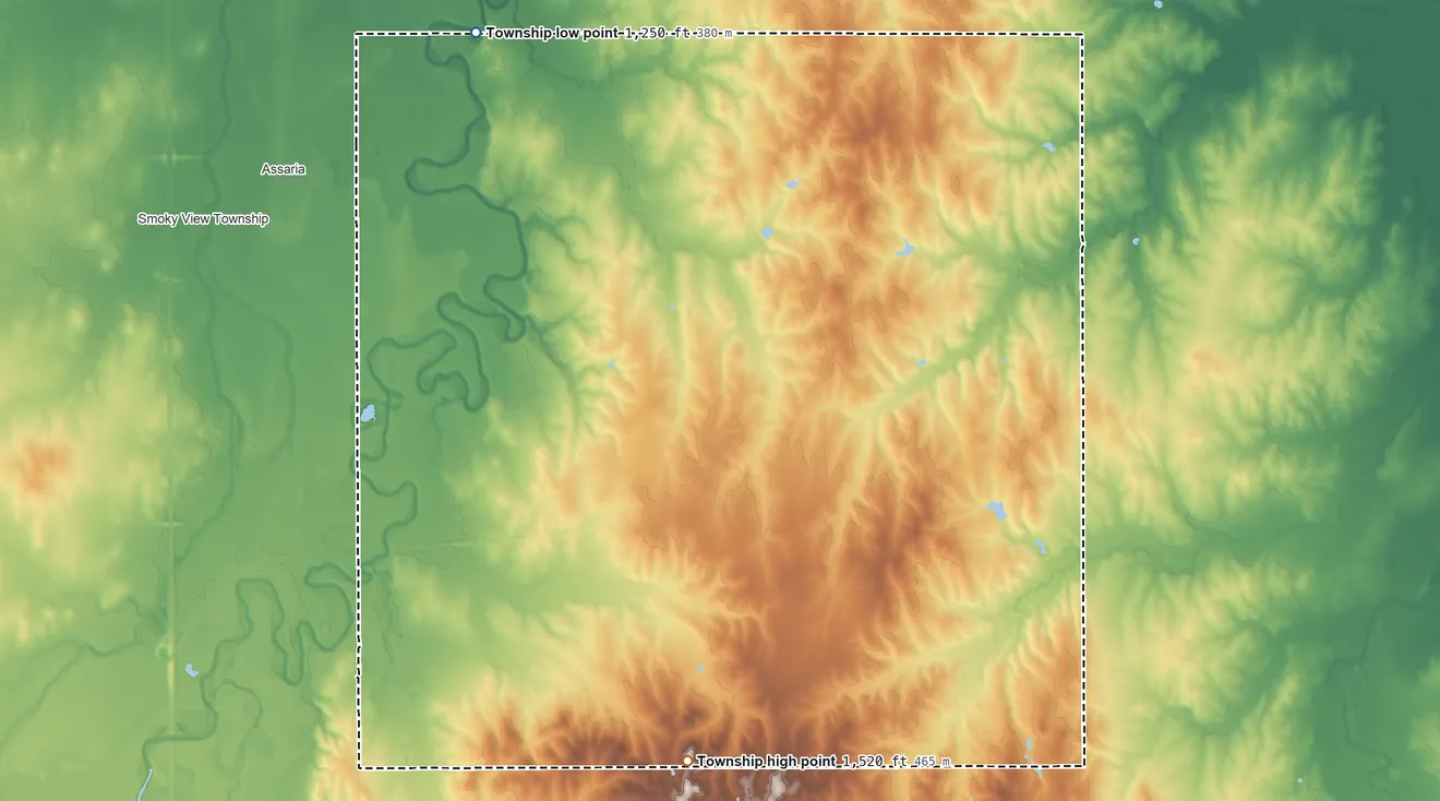 Topographic elevation map of Liberty Township, Saline County, Kansas, shaded from 1,250 ft on the north side to 1,520 ft on the south side