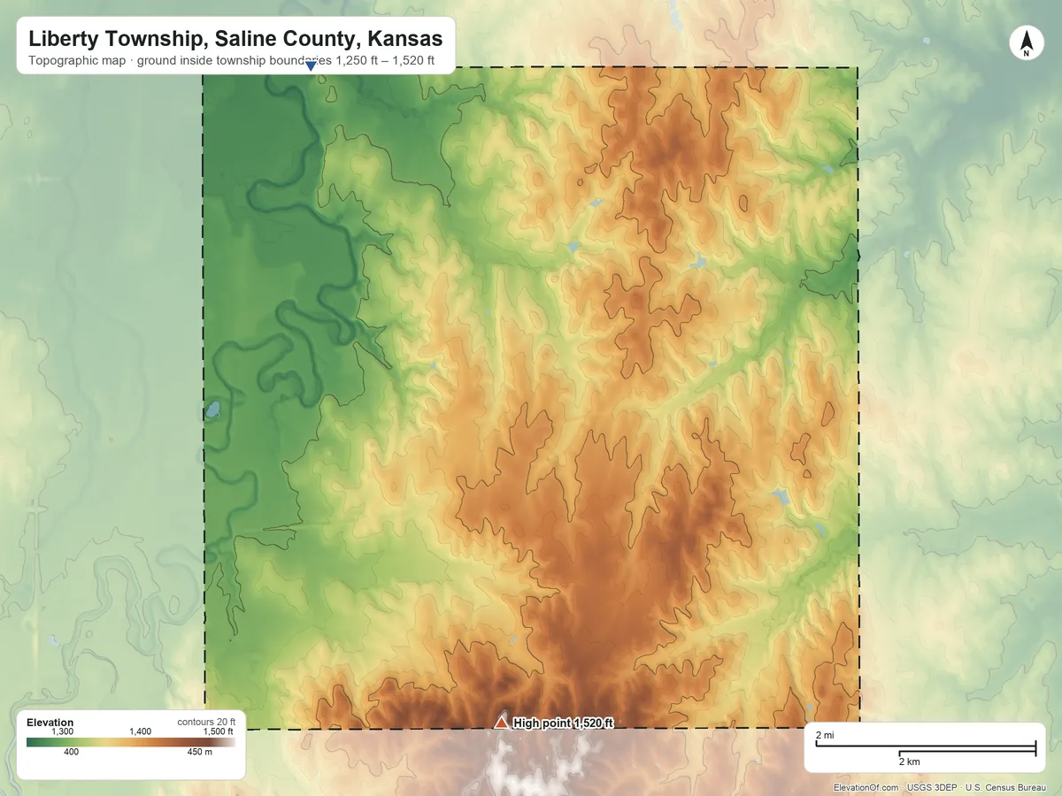Topographic elevation map of Liberty Township, Saline County, Kansas, shaded from 1,250 ft on the north side to 1,520 ft on the south side