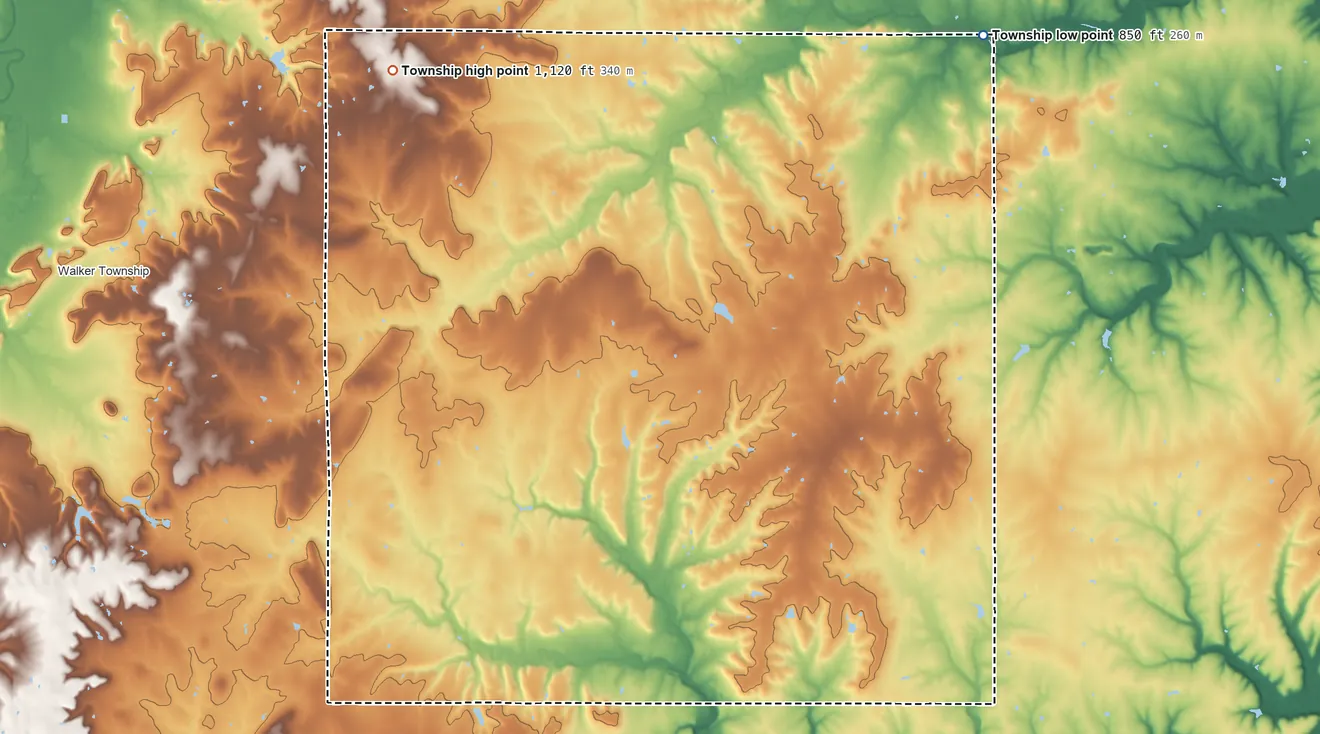 Topographic elevation map of Liberty Township, Kansas, shaded from 850 ft on the northeast side to 1,120 ft on the northwest side