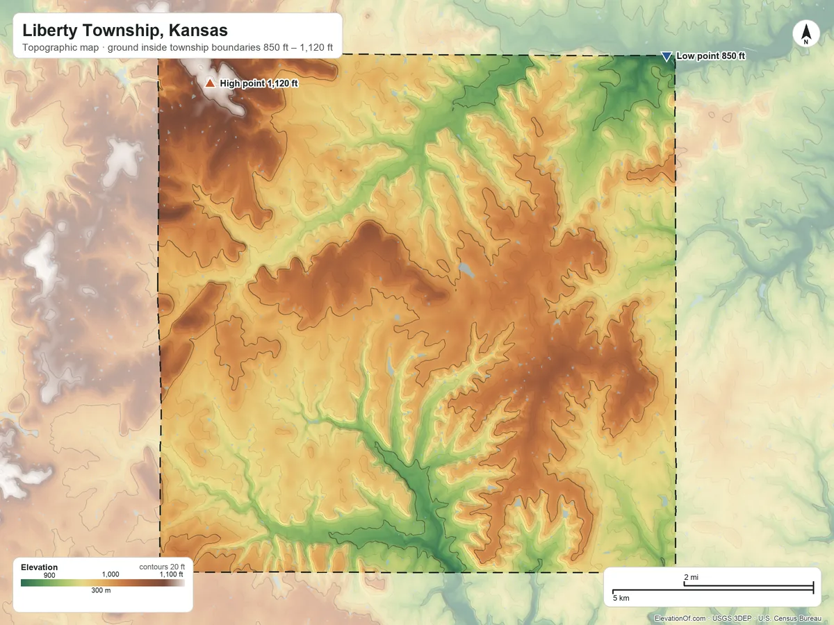 Topographic elevation map of Liberty Township, Kansas, shaded from 850 ft on the northeast side to 1,120 ft on the northwest side