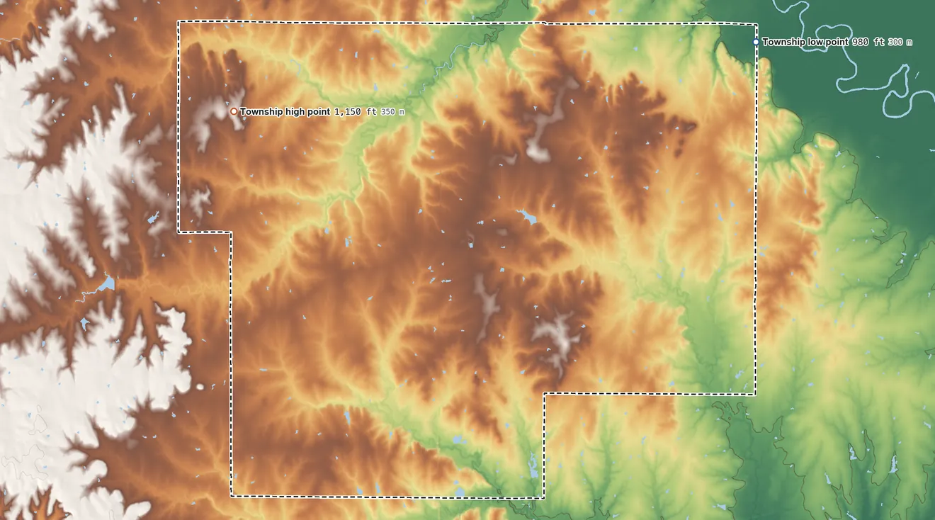 Topographic elevation map of Liberty Township, Woodson County, Kansas, shaded from 980 ft on the northeast side to 1,150 ft on the northwest side