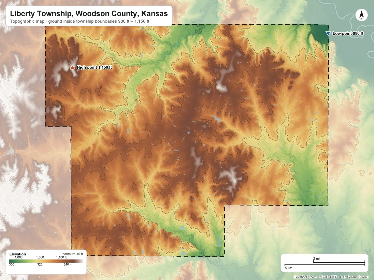 Topographic elevation map of Liberty Township, Woodson County, Kansas, shaded from 980 ft on the northeast side to 1,150 ft on the northwest side