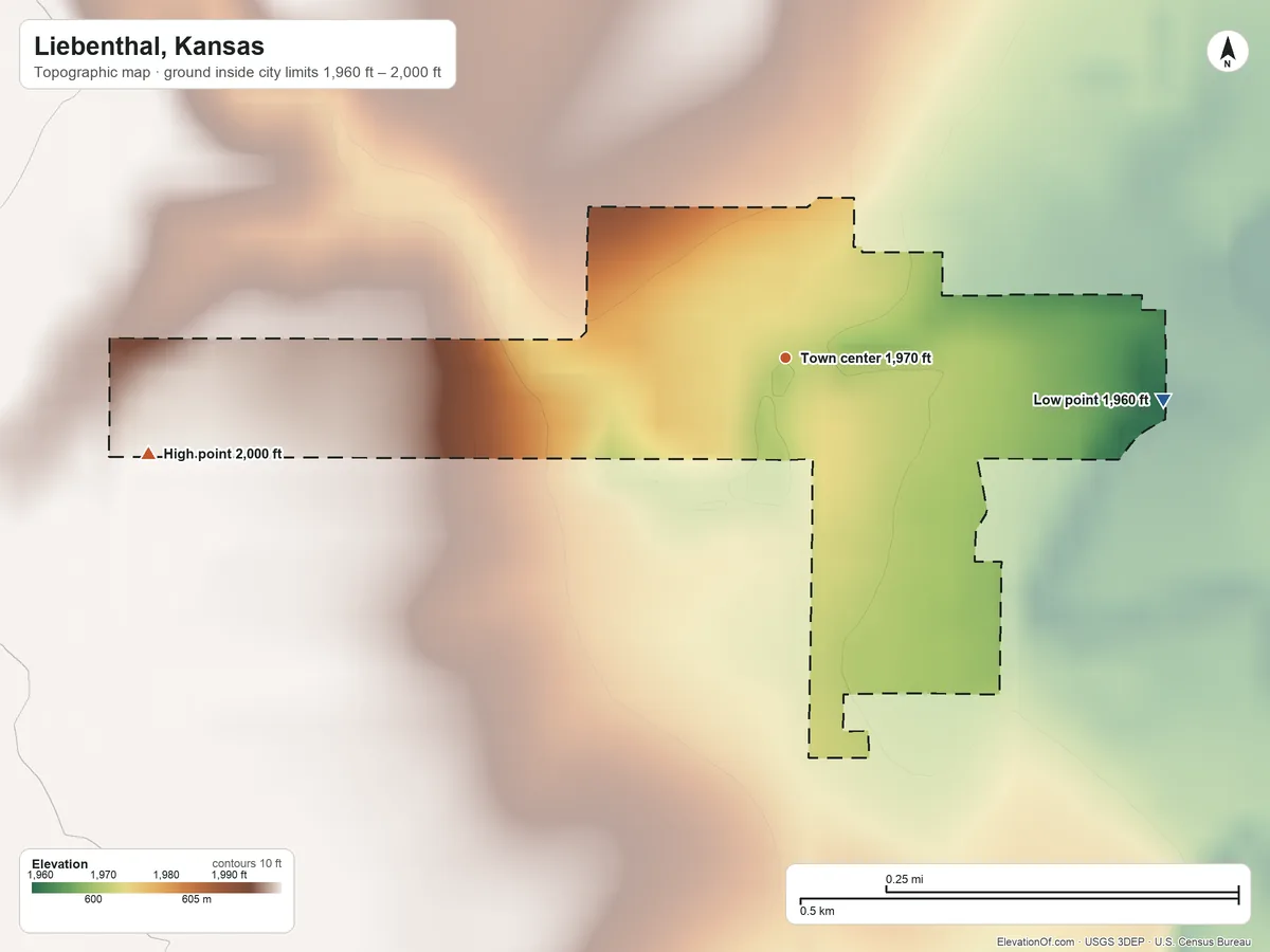 Topographic elevation map of Liebenthal, Kansas, shaded from 1,960 ft on the east side to 2,000 ft on the west side