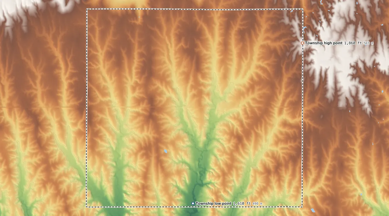 Topographic elevation map of Limestone Township, Kansas, shaded from 1,610 ft on the south side to 1,860 ft on the northeast side