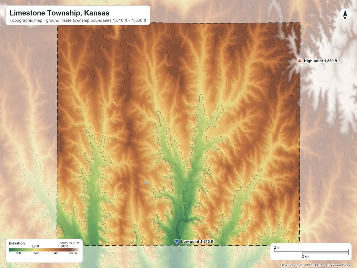 Topographic elevation map of Limestone Township, Kansas, shaded from 1,610 ft on the south side to 1,860 ft on the northeast side