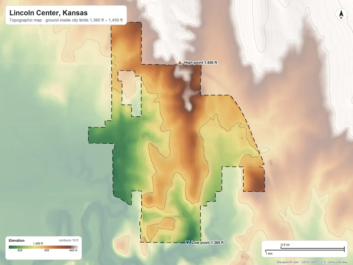 Topographic elevation map of Lincoln Center, Kansas, shaded from 1,360 ft on the south side to 1,450 ft on the north side