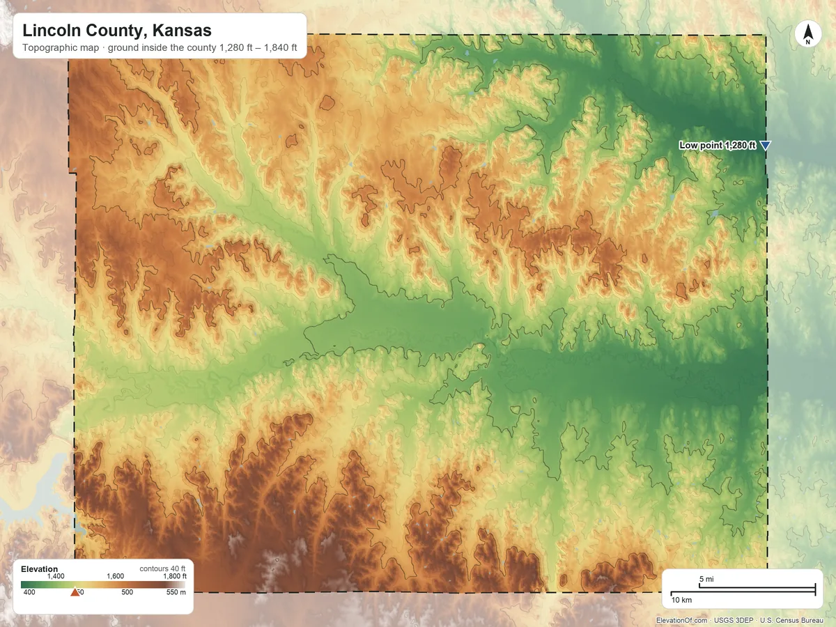Topographic elevation map of Lincoln County, Kansas, shaded from 1,280 ft on the northeast side to 1,840 ft on the southwest side