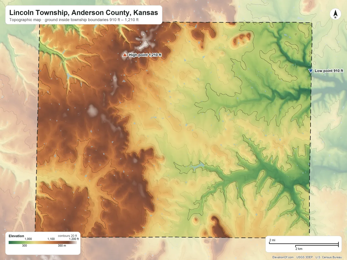 Topographic elevation map of Lincoln Township, Anderson County, Kansas, shaded from 910 ft on the east side to 1,210 ft on the northwest side