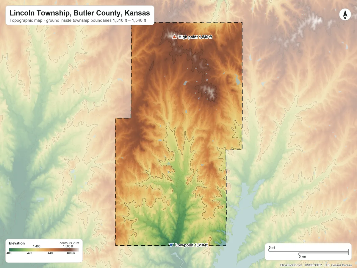 Topographic elevation map of Lincoln Township, Butler County, Kansas, shaded from 1,310 ft on the south side to 1,540 ft on the north side