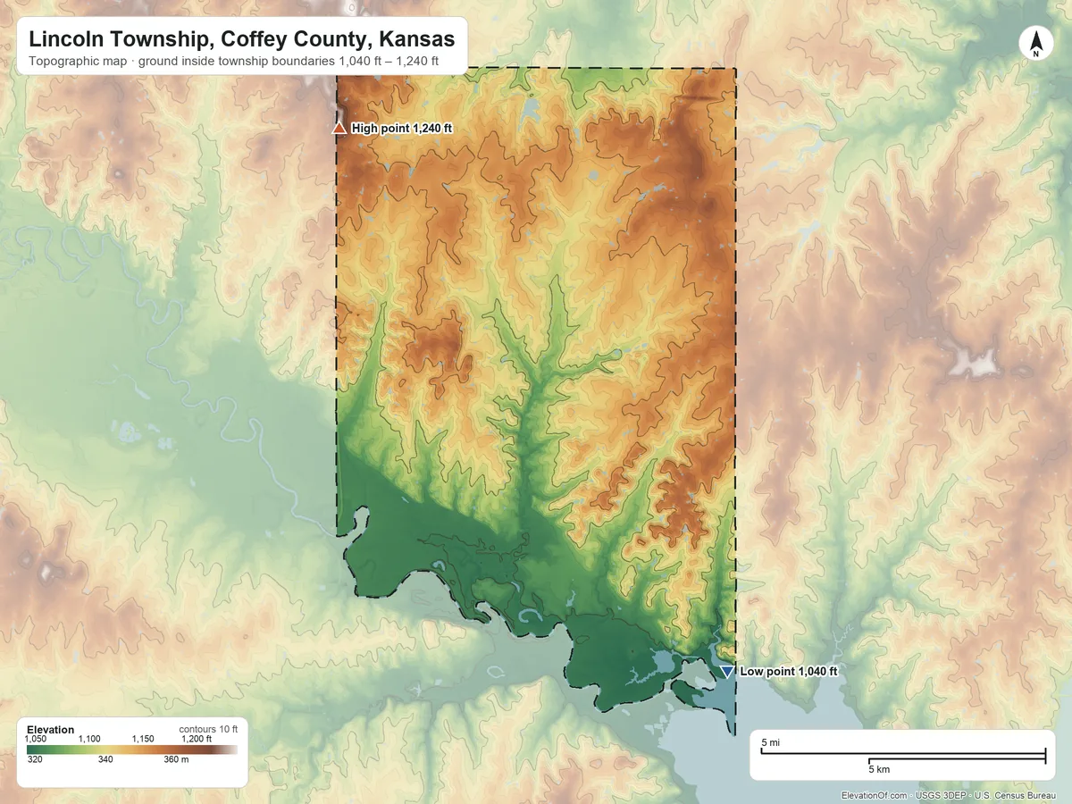 Topographic elevation map of Lincoln Township, Coffey County, Kansas, shaded from 1,040 ft on the south side to 1,240 ft on the west side
