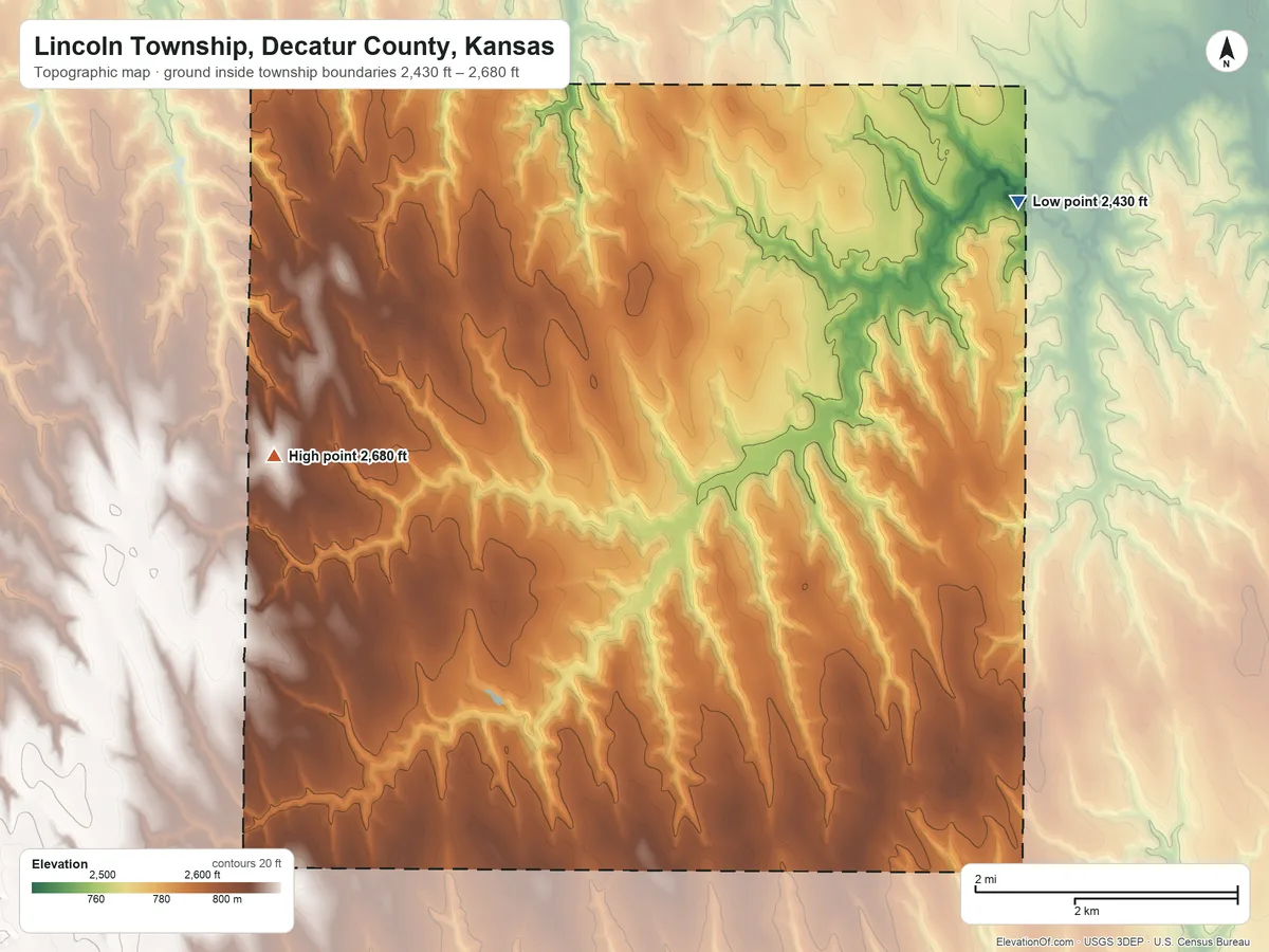 Topographic elevation map of Lincoln Township, Decatur County, Kansas, shaded from 2,430 ft on the north side to 2,680 ft on the northwest side