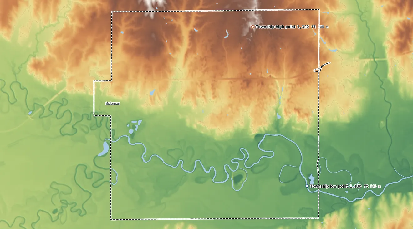 Topographic elevation map of Lincoln Township, Dickinson County, Kansas, shaded from 1,130 ft on the southeast side to 1,320 ft on the northeast side