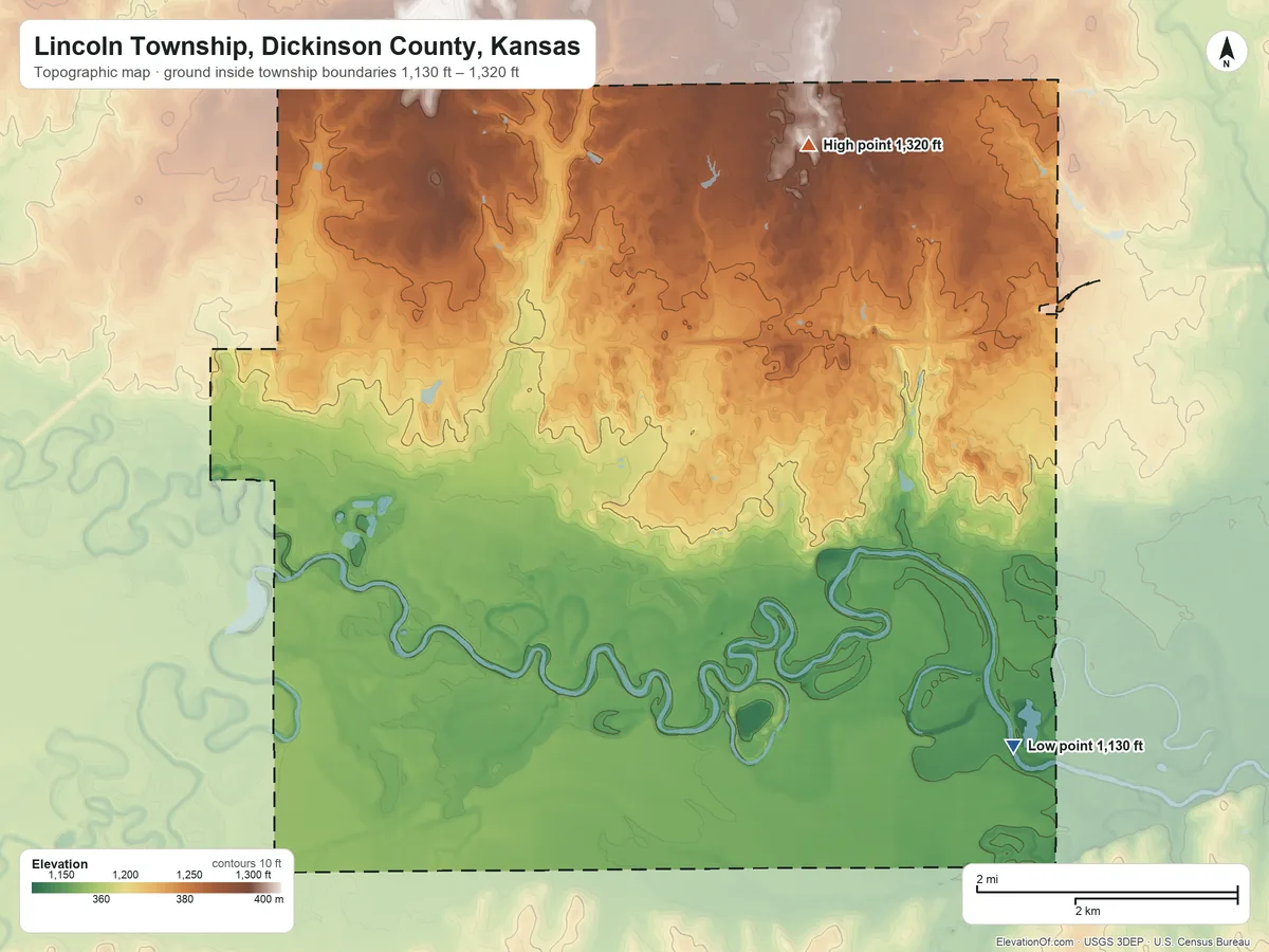 Topographic elevation map of Lincoln Township, Dickinson County, Kansas, shaded from 1,130 ft on the southeast side to 1,320 ft on the northeast side