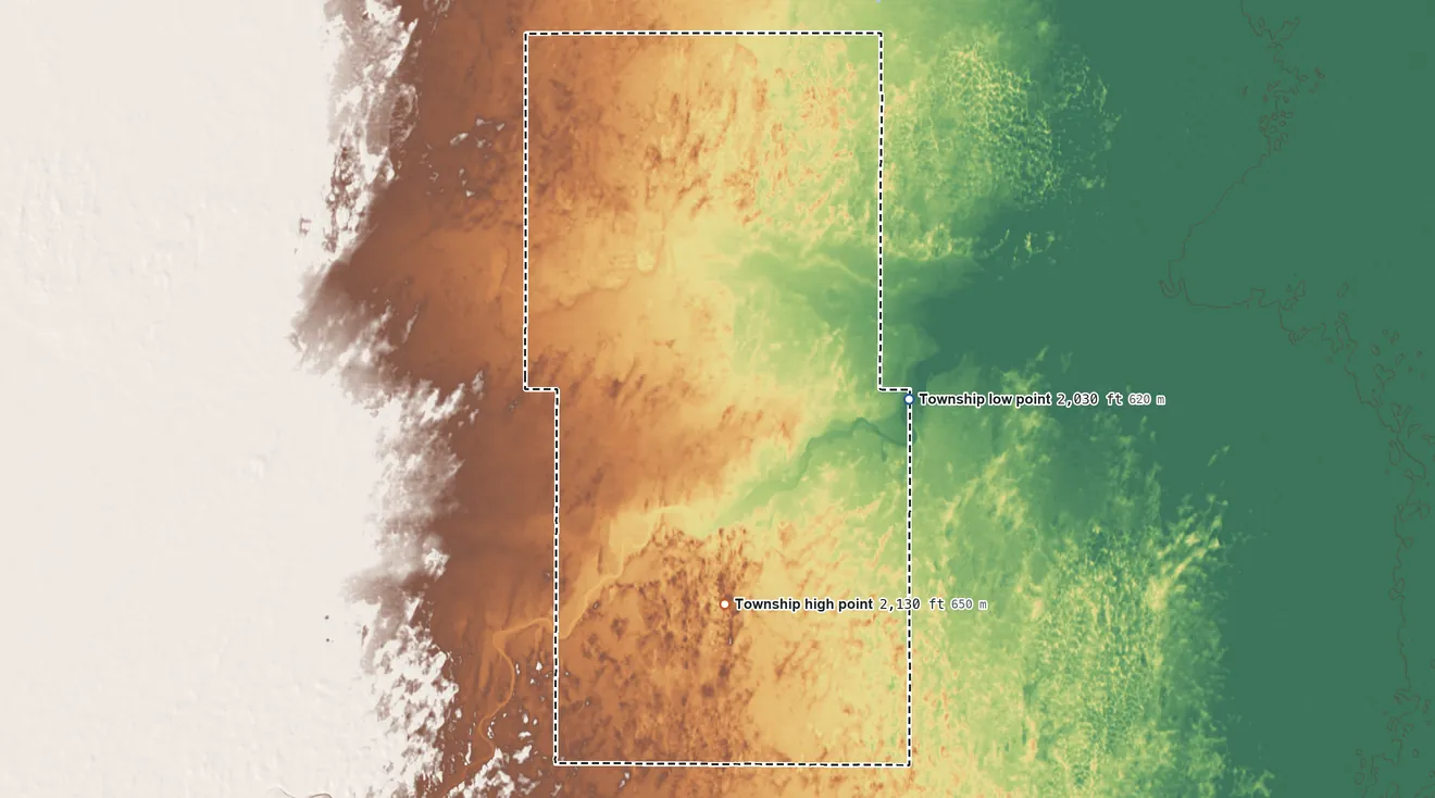 Topographic elevation map of Lincoln Township, Edwards County, Kansas, shaded from 2,030 ft on the east side to 2,130 ft on the south side