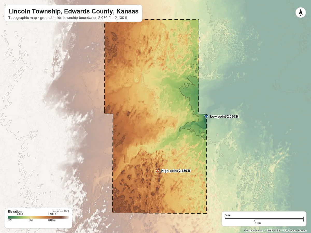 Topographic elevation map of Lincoln Township, Edwards County, Kansas, shaded from 2,030 ft on the east side to 2,130 ft on the south side