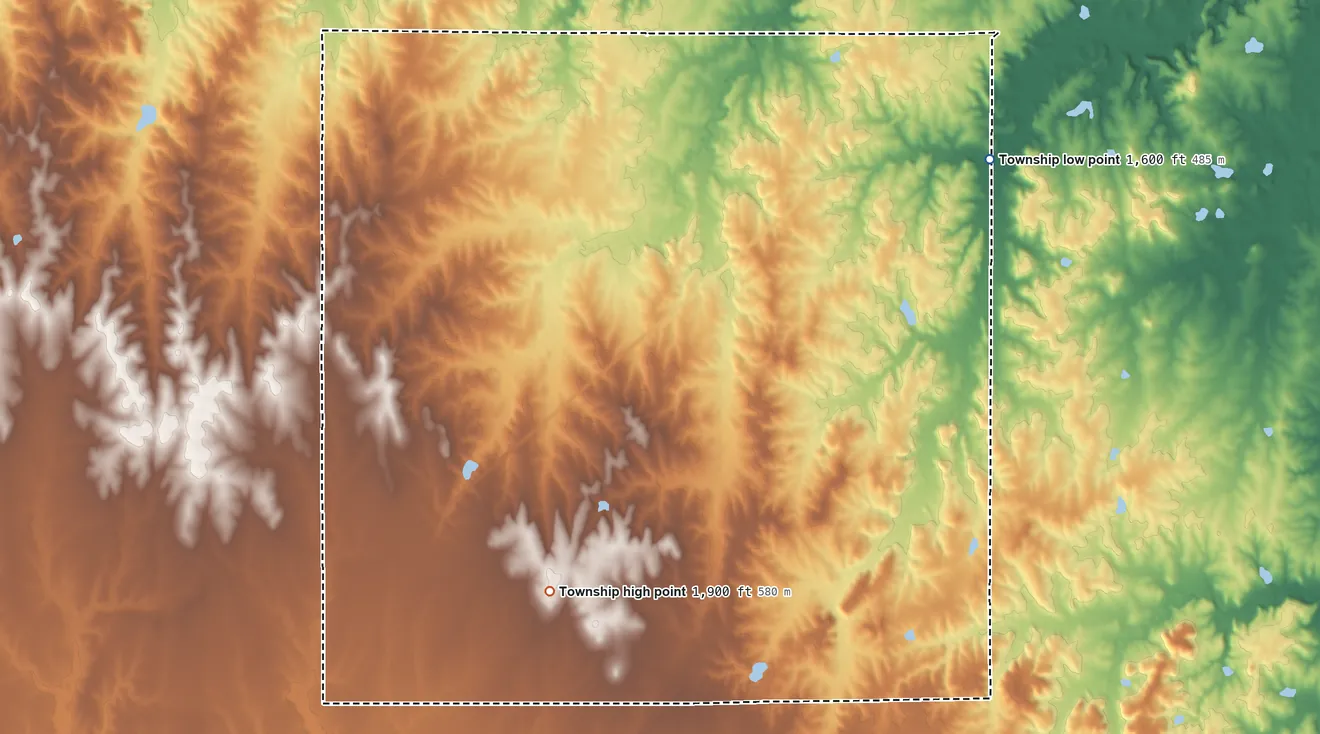 Topographic elevation map of Lincoln Township, Ellsworth County, Kansas, shaded from 1,600 ft on the east side to 1,900 ft on the south side
