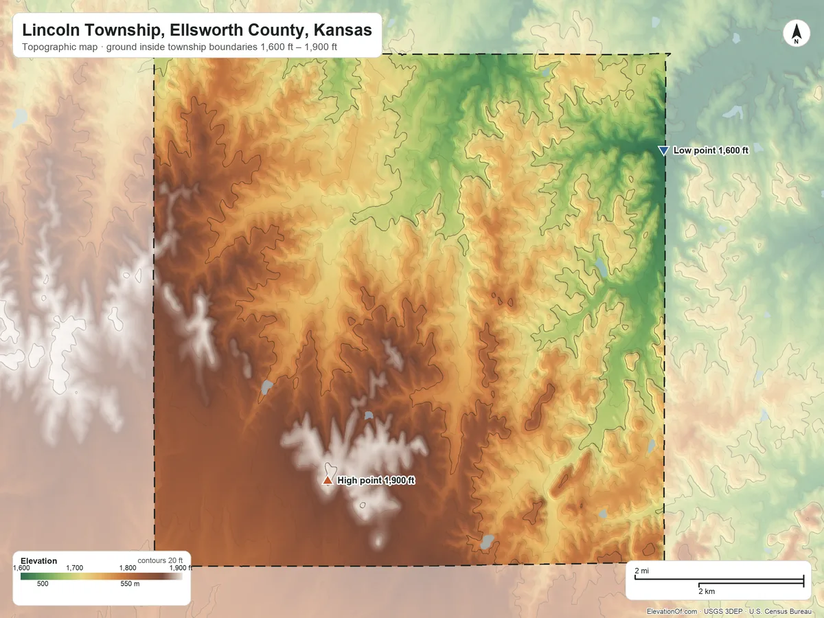 Topographic elevation map of Lincoln Township, Ellsworth County, Kansas, shaded from 1,600 ft on the east side to 1,900 ft on the south side