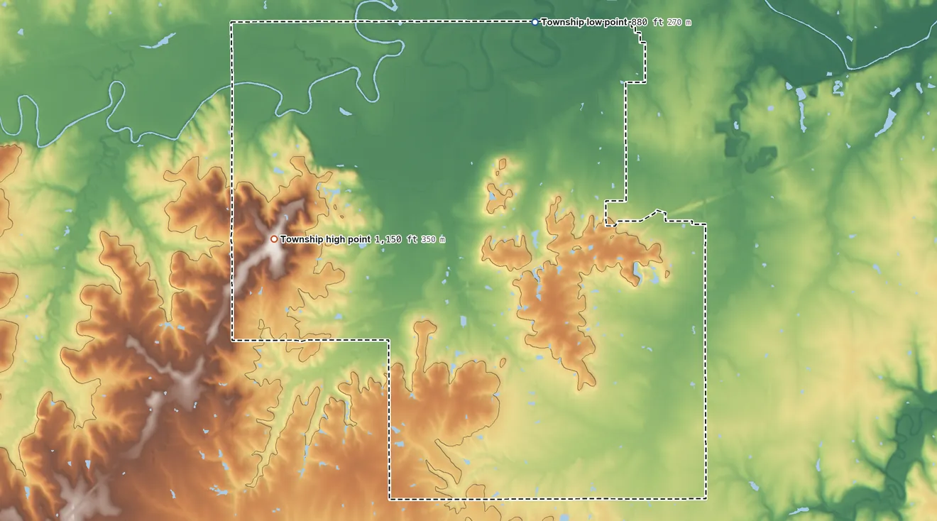 Topographic elevation map of Lincoln Township, Franklin County, Kansas, shaded from 880 ft on the north side to 1,150 ft on Chippewa Hills