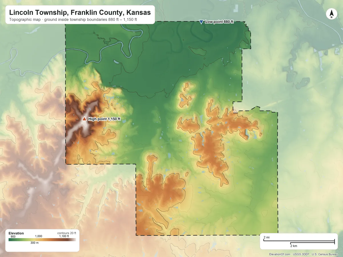 Topographic elevation map of Lincoln Township, Franklin County, Kansas, shaded from 880 ft on the north side to 1,150 ft on Chippewa Hills