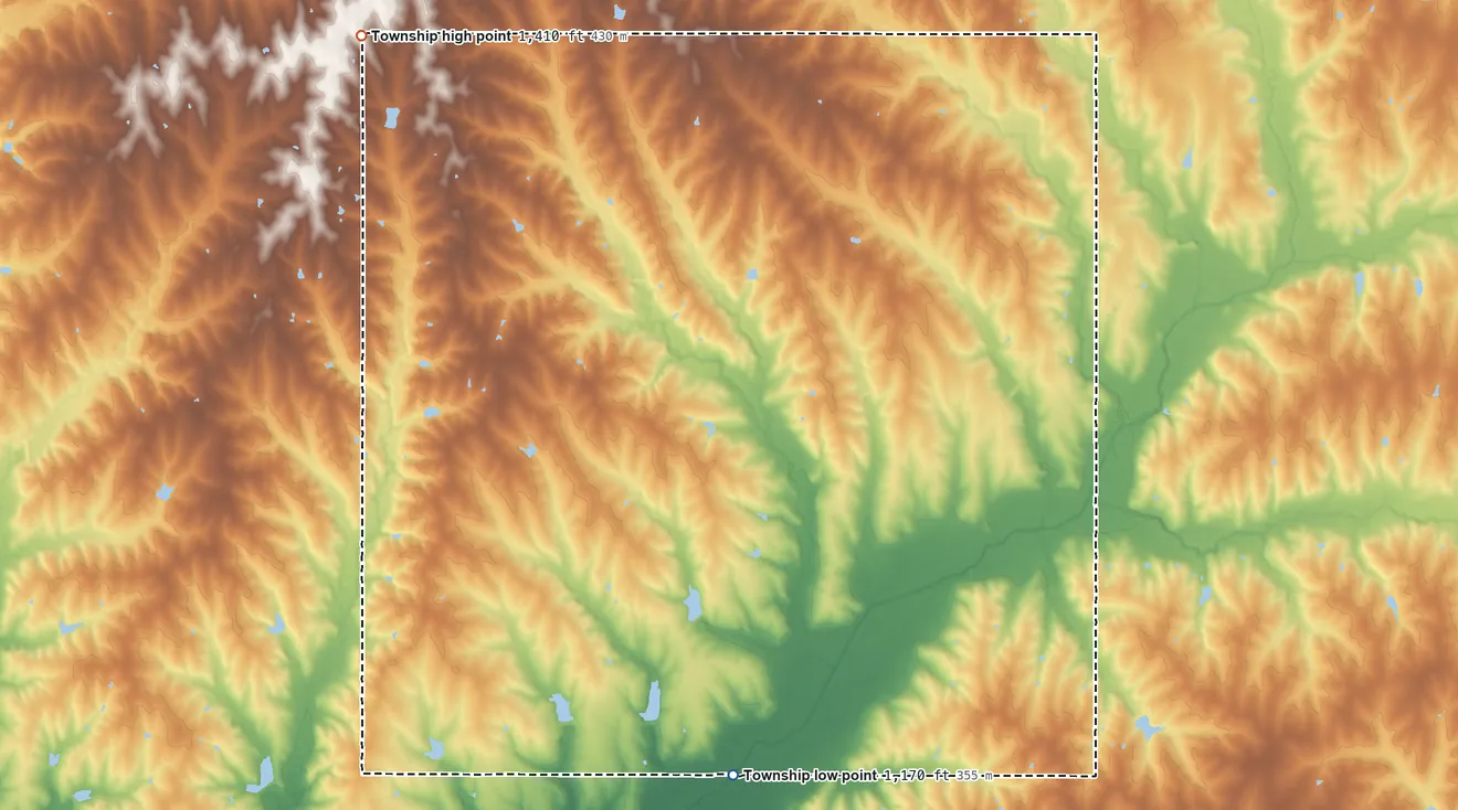 Topographic elevation map of Lincoln Township, Marshall County, Kansas, shaded from 1,170 ft on the south side to 1,410 ft on the northwest side