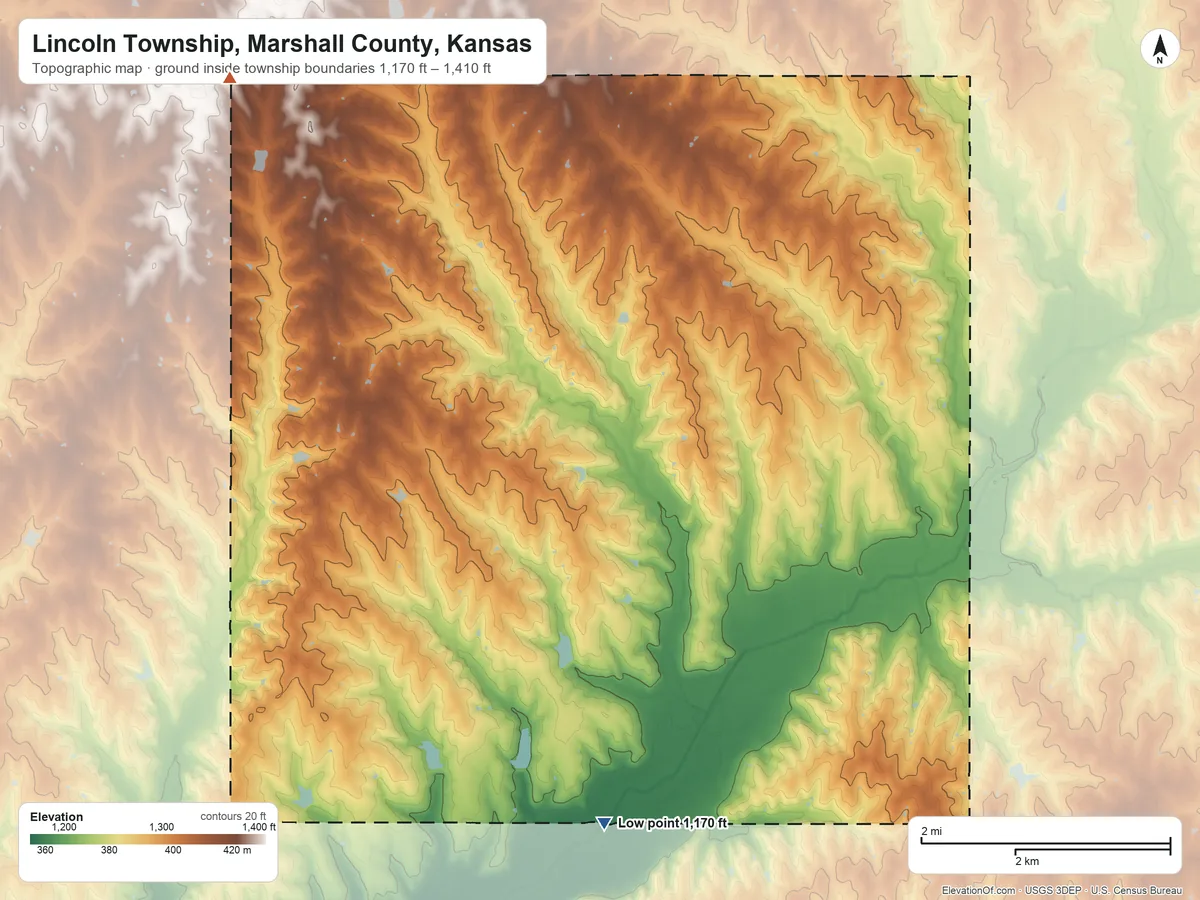 Topographic elevation map of Lincoln Township, Marshall County, Kansas, shaded from 1,170 ft on the south side to 1,410 ft on the northwest side