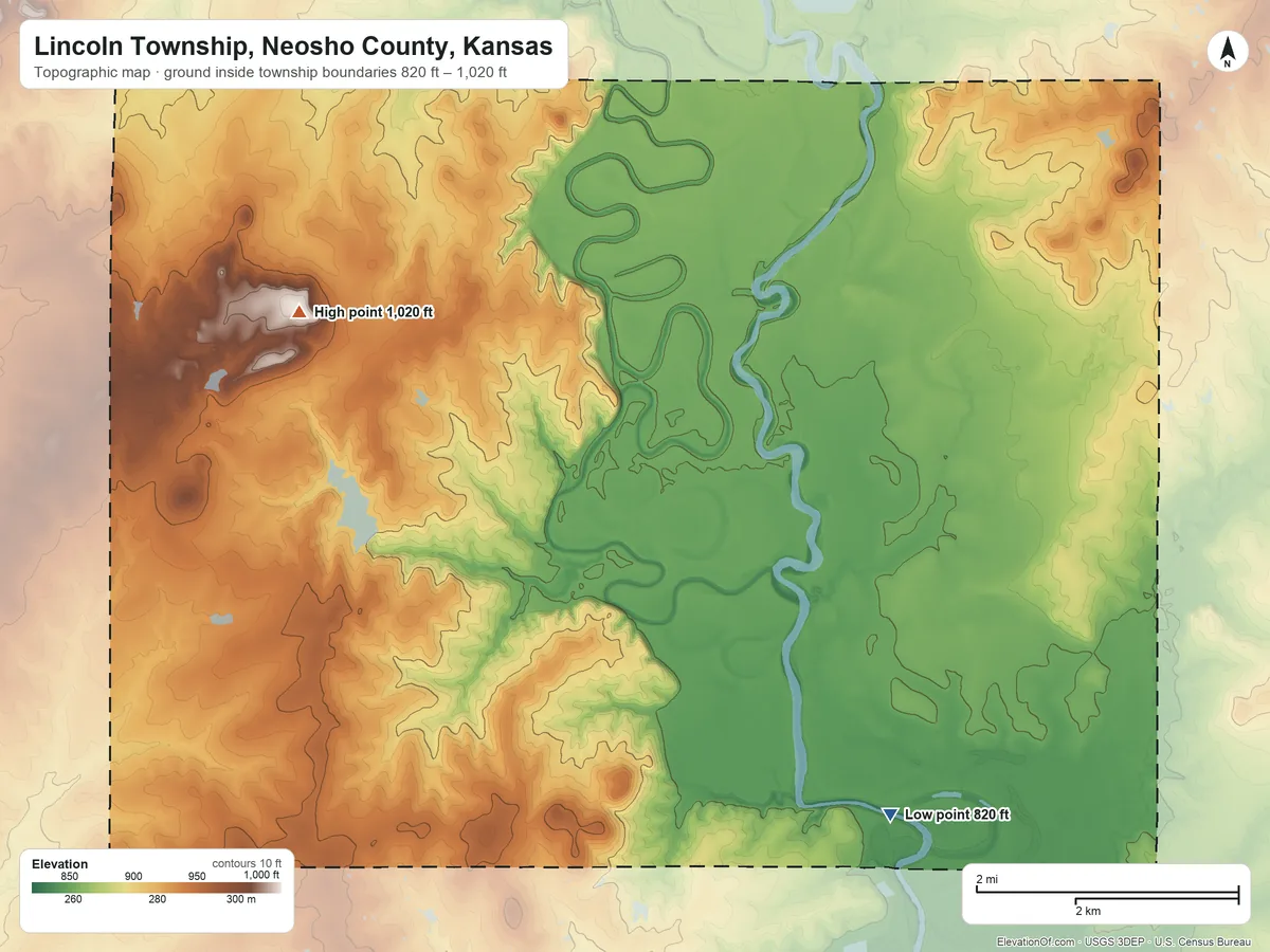 Topographic elevation map of Lincoln Township, Neosho County, Kansas, shaded from 820 ft on the southeast side to 1,020 ft on the northwest side
