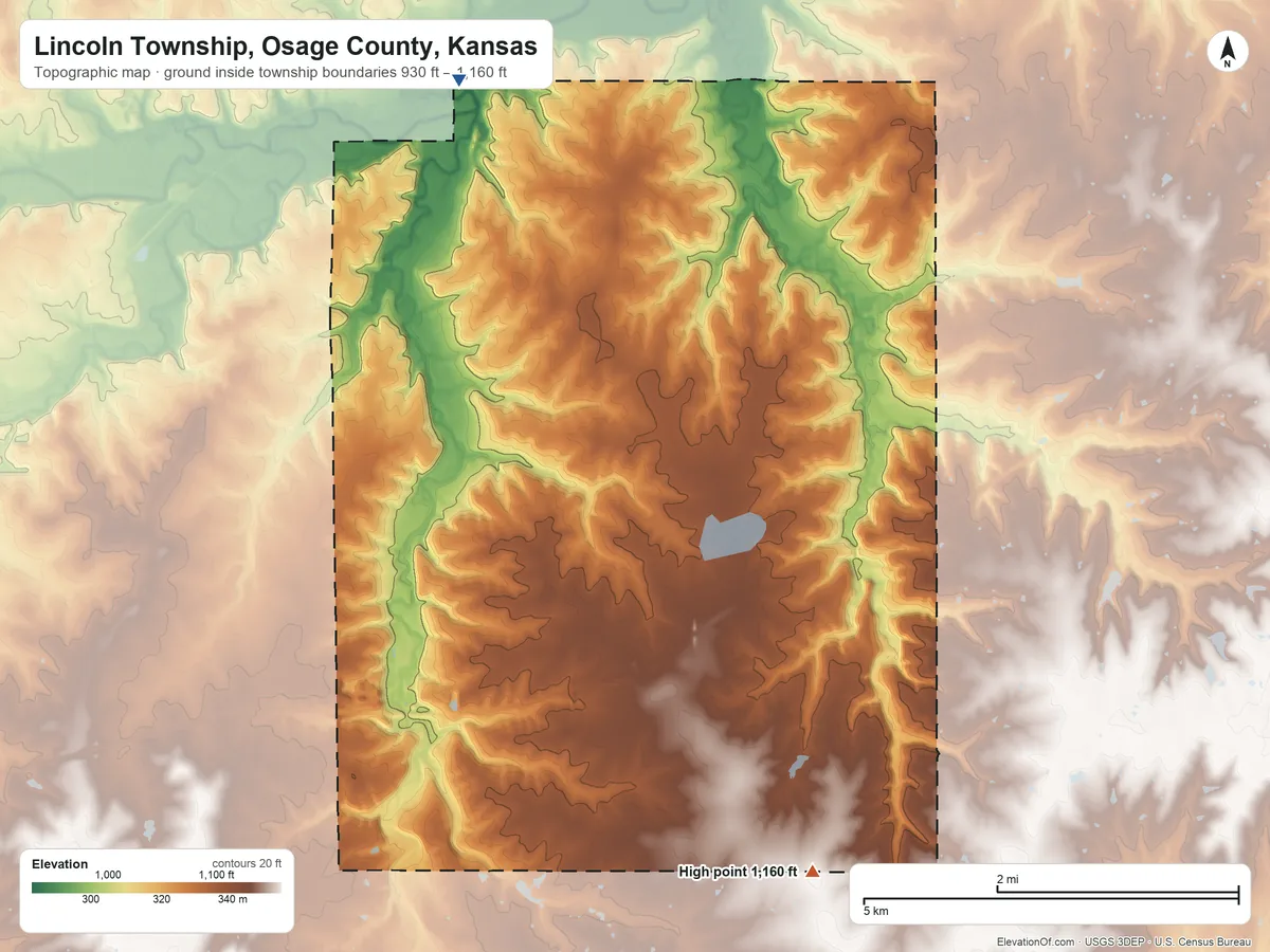 Topographic elevation map of Lincoln Township, Osage County, Kansas, shaded from 930 ft on the northwest side to 1,160 ft on the southeast side