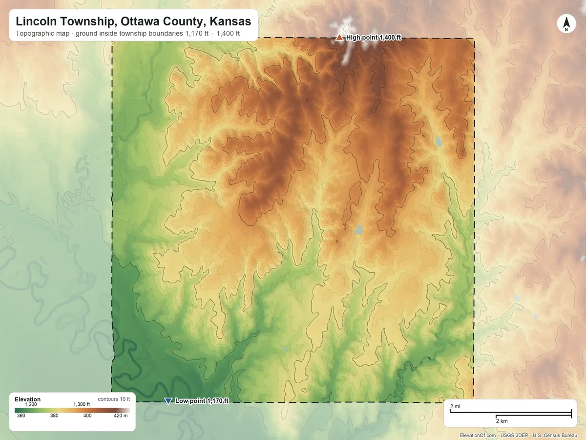Topographic elevation map of Lincoln Township, Ottawa County, Kansas, shaded from 1,170 ft on the south side to 1,400 ft on the northeast side