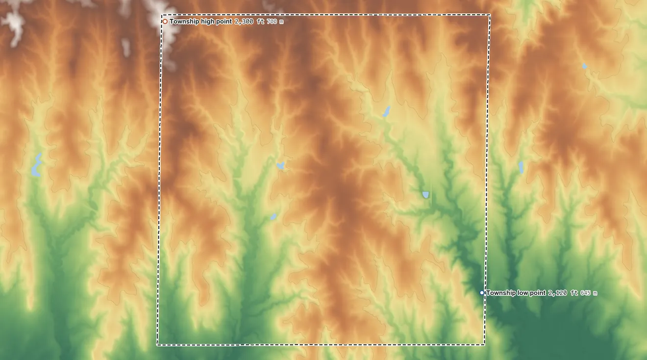 Topographic elevation map of Lincoln Township, Pawnee County, Kansas, shaded from 2,120 ft on the southeast side to 2,300 ft on the west side