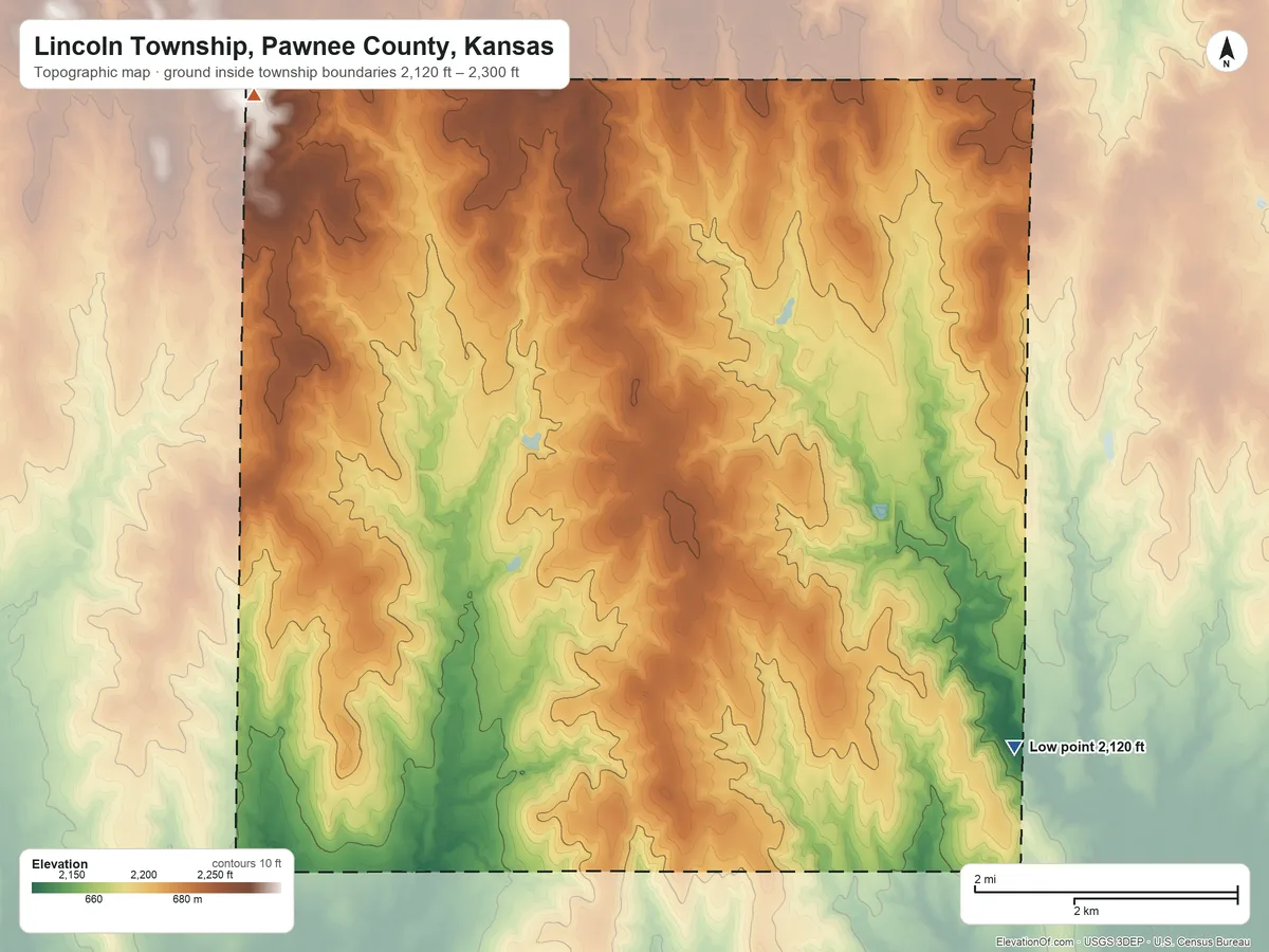 Topographic elevation map of Lincoln Township, Pawnee County, Kansas, shaded from 2,120 ft on the southeast side to 2,300 ft on the west side