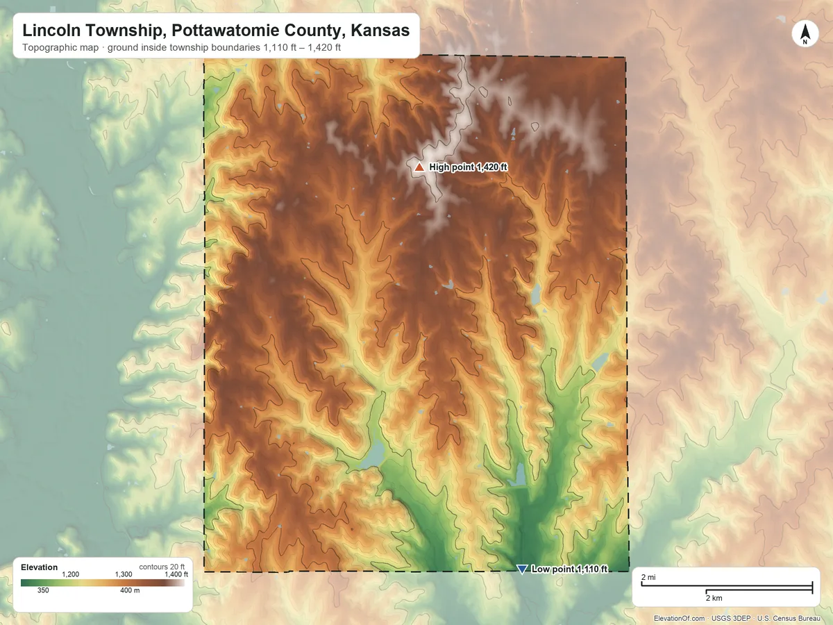 Topographic elevation map of Lincoln Township, Pottawatomie County, Kansas, shaded from 1,110 ft on the south side to 1,420 ft on the north side