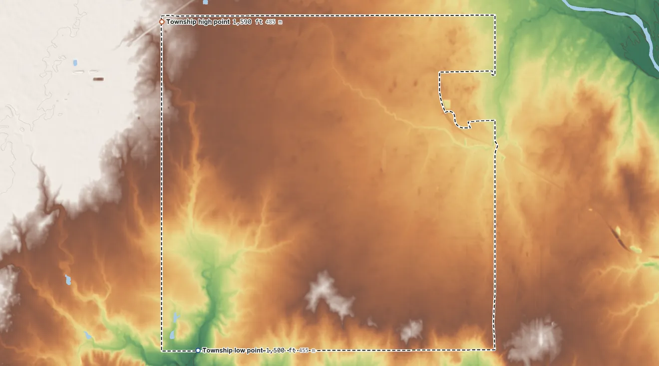 Topographic elevation map of Lincoln Township, Reno County, Kansas, shaded from 1,500 ft on the southwest side to 1,590 ft on the northwest side