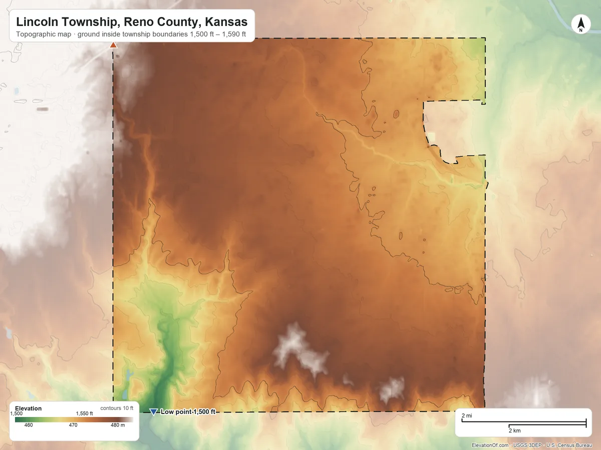 Topographic elevation map of Lincoln Township, Reno County, Kansas, shaded from 1,500 ft on the southwest side to 1,590 ft on the northwest side