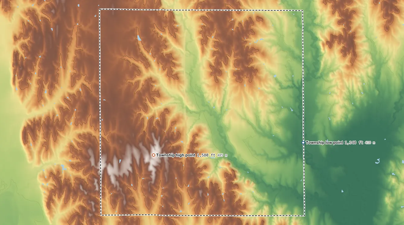Topographic elevation map of Lincoln Township, Republic County, Kansas, shaded from 1,340 ft on the east side to 1,580 ft on the southwest side