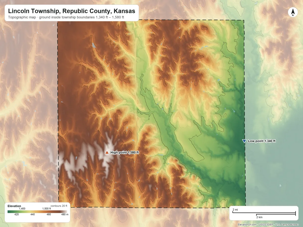 Topographic elevation map of Lincoln Township, Republic County, Kansas, shaded from 1,340 ft on the east side to 1,580 ft on the southwest side