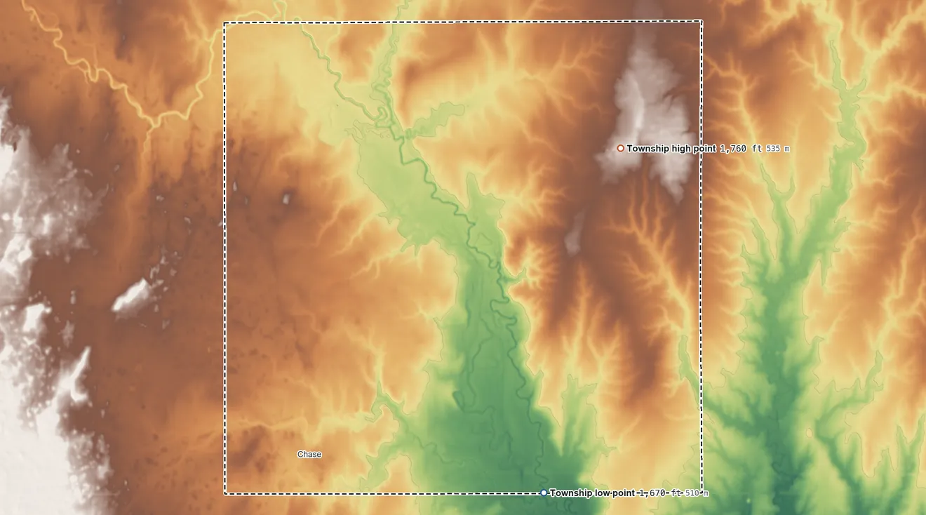 Topographic elevation map of Lincoln Township, Rice County, Kansas, shaded from 1,670 ft on the east side to 1,760 ft on the northeast side