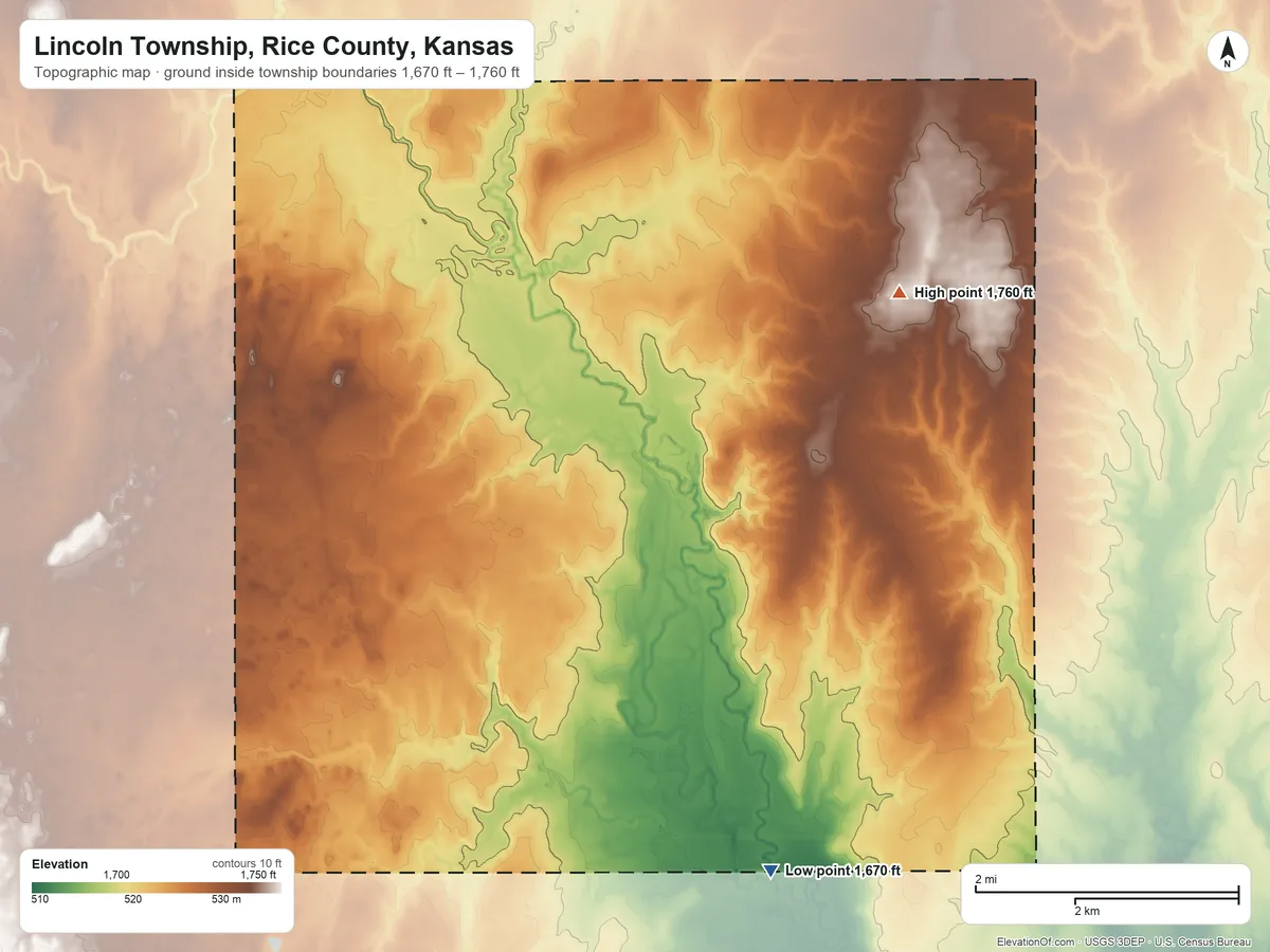 Topographic elevation map of Lincoln Township, Rice County, Kansas, shaded from 1,670 ft on the east side to 1,760 ft on the northeast side