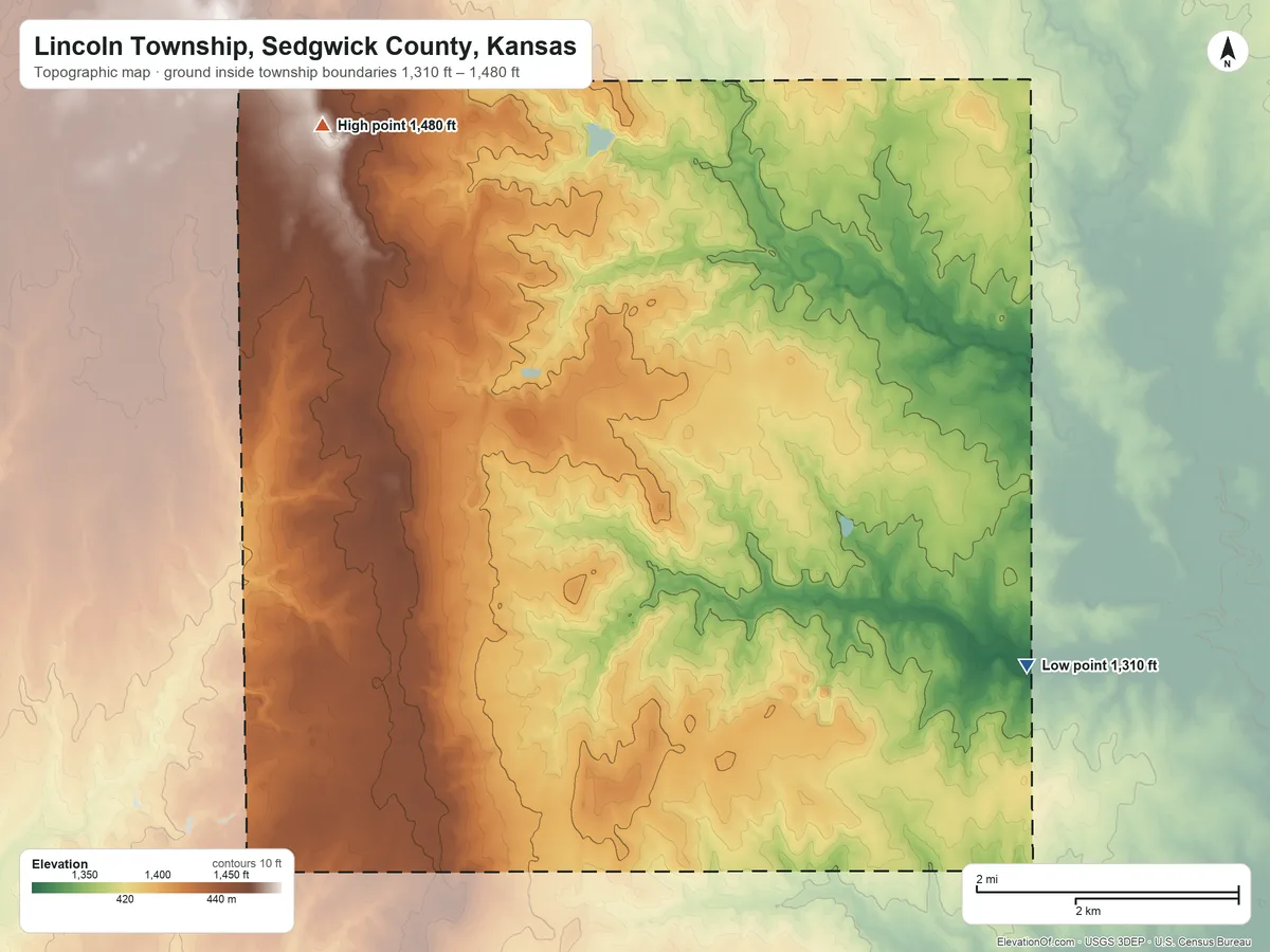 Topographic elevation map of Lincoln Township, Sedgwick County, Kansas, shaded from 1,310 ft on the southeast side to 1,480 ft on the northwest side
